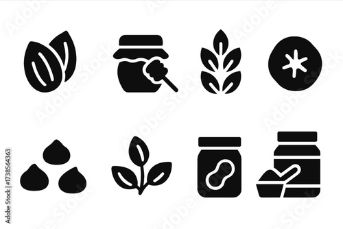 Energy Bar Ingredients. Solid, filled icon set of energy bar ingredients: nuts, honey, oats, dried fruit, chocolate chips, seeds, peanut butter, protein