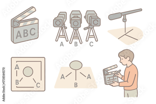 Multi-Cam Film Setup. Isometric vector illustration set Clapperboard for Multi-Cam Shoots: clapperboard marked with camera letters