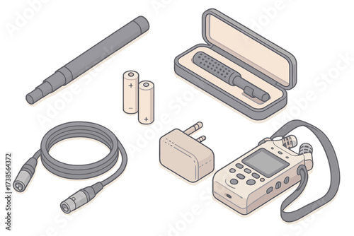 Sound Kit Essentials. Isometric vector illustration set Sound Recording Kit Essentials: boom pole collapsed for transport, shotgun