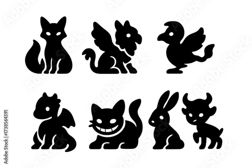 Mythical Animal Icons. Solid, filled icon set of mythical animal familiars: kitsune, griffin chick, tiny phoenix, unicorn foal, baby dragon, cheshire cat,