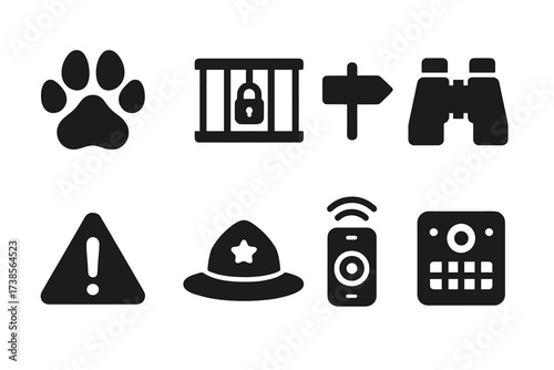 Wildlife Protection Icons. Solid, filled icon set of wildlife protection: animal paw, cage lock, sanctuary sign, binoculars, warning sign, ranger hat, tracking