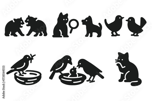 Primal Instincts Icons. Solid, filled icon set of primal instincts: aggression, curiosity, play, exploration, mating dance, nest building, feeding, grooming.