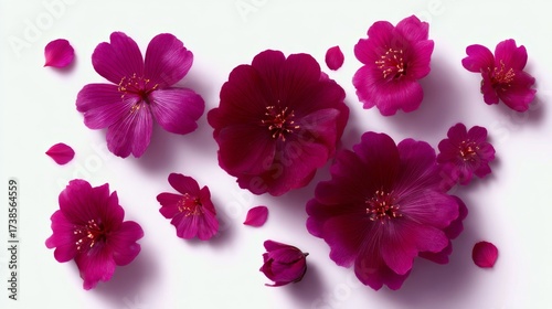 Beautiful pink flowers scattered on a white background. A vibrant and fresh display full of life. Ideal for nature lovers, decor, and artistic projects. Floral beauty on display. AI