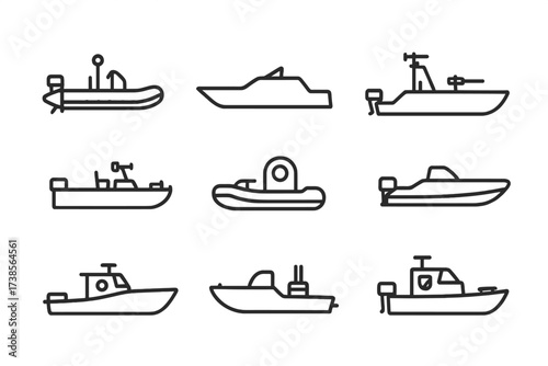 Navy SEAL Boats Icons. Outline icon set of Navy SEAL boats: rigid inflatable boat, stealth boat, assault craft, patrol boat, rescue boat, jet boat, dive