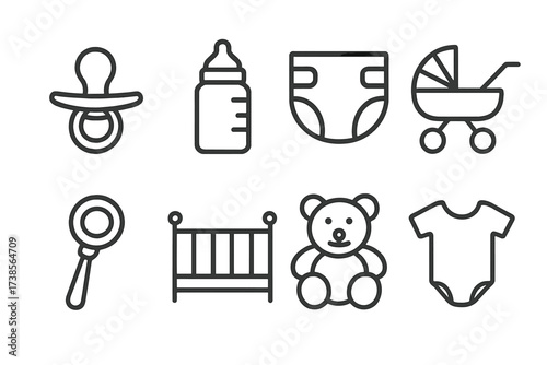 Baby Essentials Icons. Outline icon set of baby: pacifier, baby bottle, diaper, stroller, rattle, crib, teddy bear, baby clothes. Line icons in only black