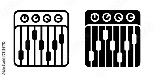 Equalizer icon set. Simple line art illustration of sound mixer controller, audio adjuster, and music equipment in black and white. Suitable for icon, element, or design resource.