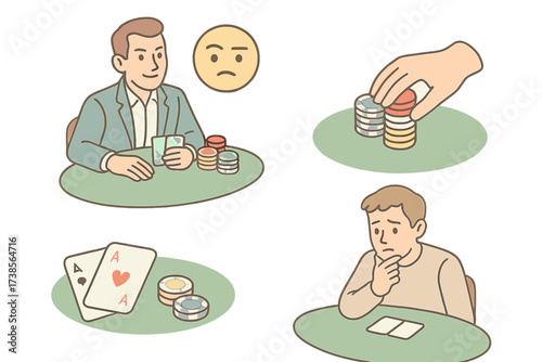 Poker Bluff Scene. Isometric vector illustration set Bluffing in Poker Scene: confident player expression, weak hand hidden under