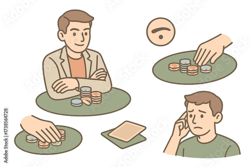 Poker Bluff Scene. Isometric vector illustration set Bluffing in Poker Scene: confident player expression, weak hand hidden under