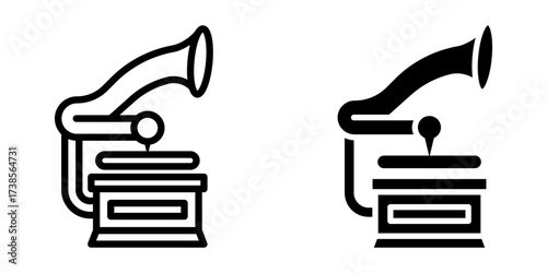 Gramophone icon Set. A simple line art illustration of a vintage phonograph or gramophone, iconic old music player. Black outline on a white background, suitable for various design projects.