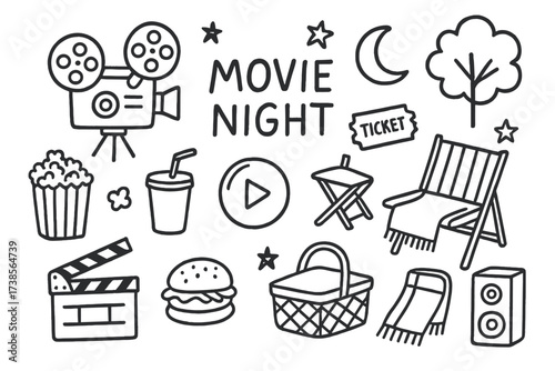 Starlit Movie Night Doodles. Hand-drawn doodle illustration Movie night under the stars projector, film reel, popcorn, soda cup, folding chair, blanket, moon,