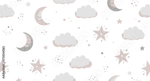 Whimsical Crescent Moons Soft Clouds and Sparkling Stars Gentle Nursery Sleepy Dreamscape Background