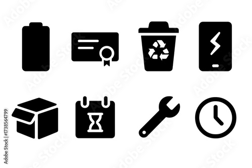Product Lifespan Icons. Solid, filled icon set of product lifespan: battery, warranty card, recycle bin, broken gadget, new box, expiration date, service