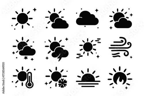 Weather Sun Icons. Weather sun. Solid icons set of weather sun: sunny, partly cloudy sun, cloudy sun, rainy sun, snowy sun, stormy sun, windy sun, hot sun,