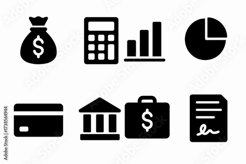 Executive Finance Icons. Solid, filled icon set of executive finance: money bag, calculator, bar chart, pie chart, credit card, bank building, investment