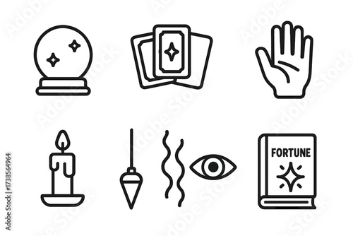 Divination Icon Set. Outline icon set of divination objects: crystal ball, tarot spread, palm reading hand, candlelight, pendulum, mystic eye, smoke curls,