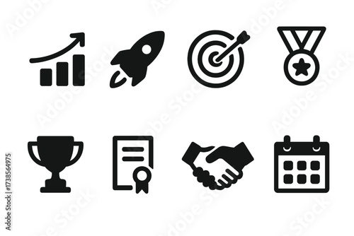 Portfolio Growth Icons. Solid, filled icon set of portfolio growth: graph upward, rocket, target, medal, trophy, certificate, handshake, calendar. [Line icons
