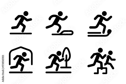 Sprint Race Icons. Solid, filled icon set of sprint race types: 100m sprint, 200m sprint, 400m sprint, relay sprint, indoor sprint, outdoor sprint, hurdles