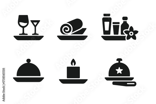 Hospitality Tray Icons. Solid, filled icon set of hospitality trays: welcome drink tray, cold towel tray, hotel amenity tray, spa treatment tray, room service