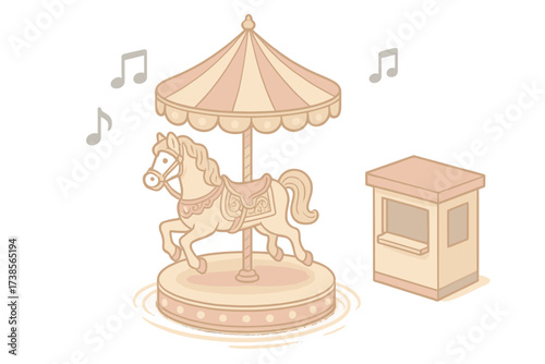 Carousel Horse Ride. Isometric vector illustration set Carousel Horse Music Ride: ornate carousel horse on golden pole, round ride