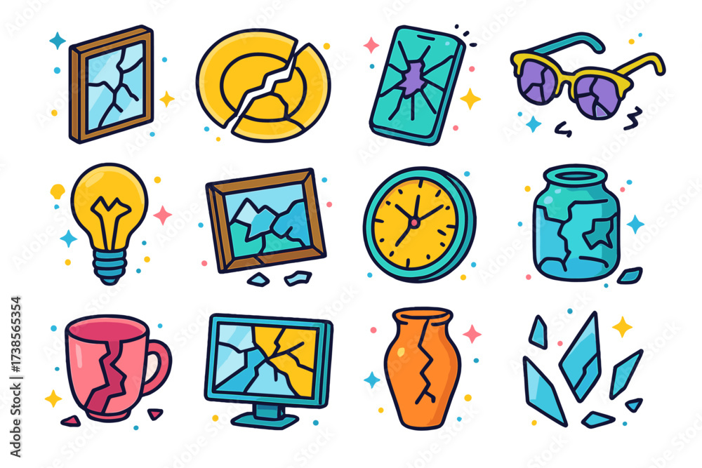 Shattered Object Icons. Shattered objects. Colorful isometric vector icons set of shattered objects: broken mirror, cracked plate, smashed phone, broken