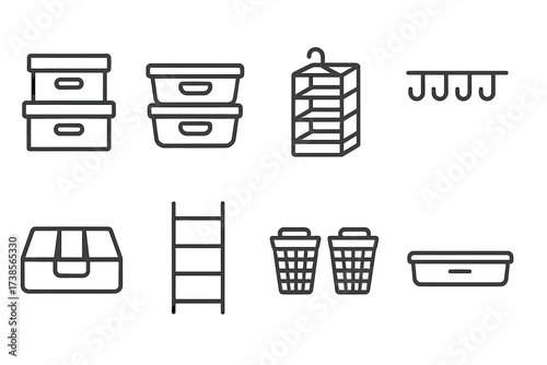 Storage Solutions Icons. Outline icon set of flat pack storage solutions: stackable boxes, storage bins, closet organizer, drawer divider, shelving unit,