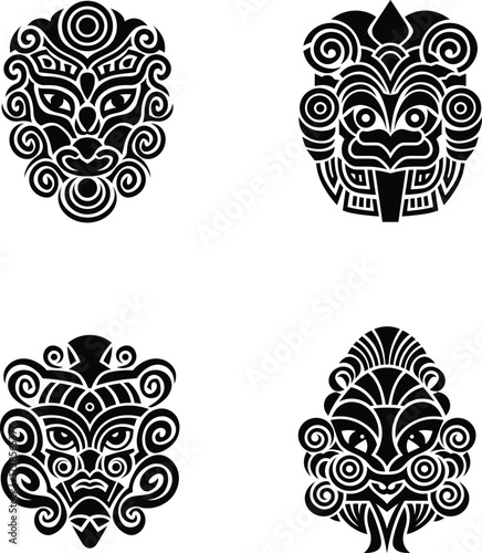Tribal Mask Vector Set – Polynesian Maori Tattoo Style Faces Collection