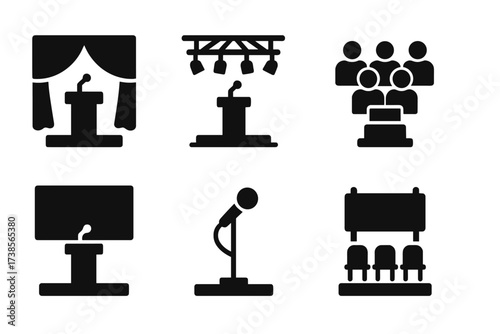 Stage Setup Icons. Solid, filled icon set of stage setups with podiums: curtain backdrop, lighting rig, audience rows, step platform, large screen, stage mic,