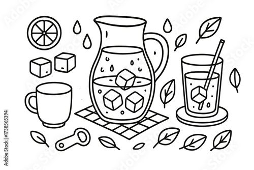 Chilled Water Doodle. Hand-drawn doodle illustration chilled water carafe set water carafe, glass, ice cubes, lemon slice, pitcher, water droplets, coaster,