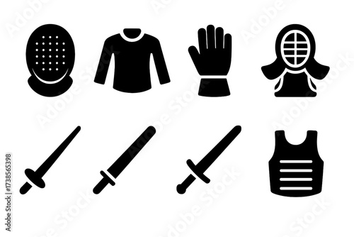 Sword Fighting Icons. Solid, filled icon set of sword fighting equipment: fencing mask, fencing jacket, fencing glove, kendo armor, training sword, wooden