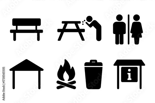 Trail Amenities Icons. Solid, filled icon set of trail rest and amenities: bench, picnic table, water fountain, restroom, shelter, fire pit, trash bin,