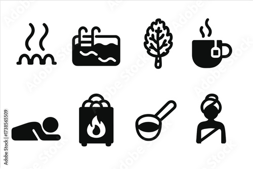 Banya Ritual Icons. Solid, filled icon set of banya rituals: hot steam, cold plunge pool, birch broom, herbal tea, relaxation, sauna stove, water ladle, towel