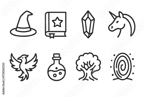 Fantasy Storybook Icons. Outline icon set of fantasy storybook: wizard hat, spell book, mystical crystal, unicorn, phoenix, potion bottle, enchanted tree,