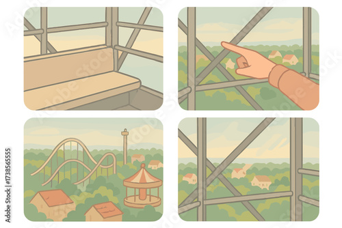 Inside Ferris Wheel Cabin. Isometric vector illustration set View from Inside Ferris Wheel: interior of cabin with seating bench,