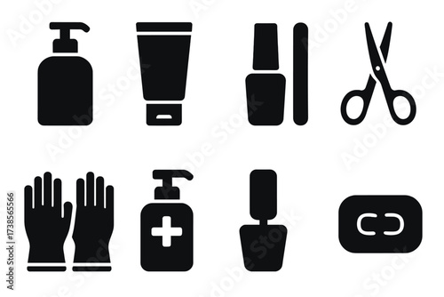 Hand Care Icons. Solid, filled icon set of hand care products: lotion bottle, hand cream, nail polish, cuticle scissors, nail file, gloves, hand sanitizer,