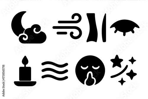 Night Wind Icons. Solid, filled icon set of night wind: crescent moon, cloud wisp, curtain wave, sleepy eye, flickering candle, fog ribbon, hush face, stars
