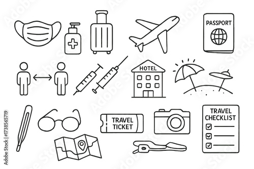 Pandemic Travel Doodles. Hand-drawn doodle illustration Travel and leisure during and post-pandemic face mask, hand sanitizer, suitcase, airplane, passport,