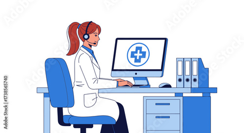 Doctor wearing headset using computer with medical cross symbol on screen providing virtual healthcare and remote medical consultation services online