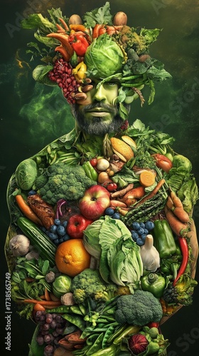 Nature's Human Harvest: Artistic depiction of a man's body made from abundant fresh fruits, vegetables, grains, symbolizing natural health and wholesome living.