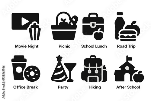 Snack Occasion Icons. Solid, filled icon set of snack occasions: movie night, picnic, school lunch, road trip, office break, party, hiking, after school. [Line