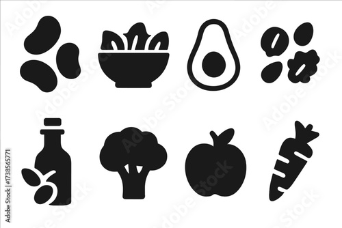 Healthy Food Icons. Solid, filled icon set of healthy food: lima beans, salad bowl, avocado, nuts, olive oil, broccoli, apple, carrot. [Line icons in only