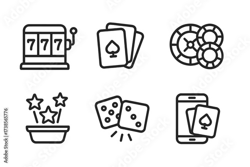 Casino Icon Set. Outline icon set of online casino: slot machine, playing cards, roulette wheel, poker chips, jackpot, dice, computer screen, mobile phone.