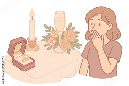 Romantic Proposal Setting. Isometric vector illustration set Proposal Scene and Setting: ring box on restaurant table, candlelight