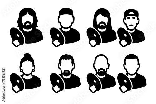 Famous Drummers Icons. Solid, filled icon set of crash cymbal famous players: John Bonham, Neil Peart, Dave Grohl, Sheila E., Steve Gadd, Travis Barker, Tony