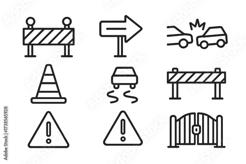 Route Obstacle Icons. Outline icon set of route obstacles: roadblock, detour sign, construction cone, accident, slippery road, barrier, warning sign, closed