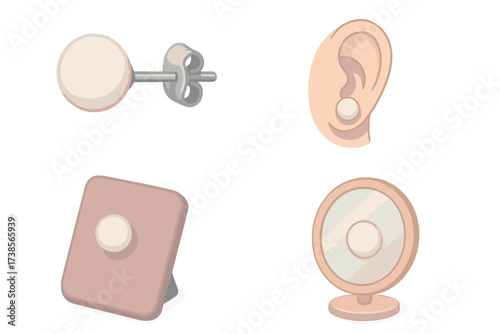 Pearl Earring Illustration. Isometric vector illustration set Earring Stud Clasp Pearl: round pearl stud earring with silver post,