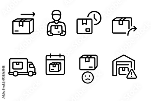 Courier Logistics Icons. Outline icon set of courier status: package in transit, delivered, delayed, returned, out for delivery, pickup scheduled, lost parcel,