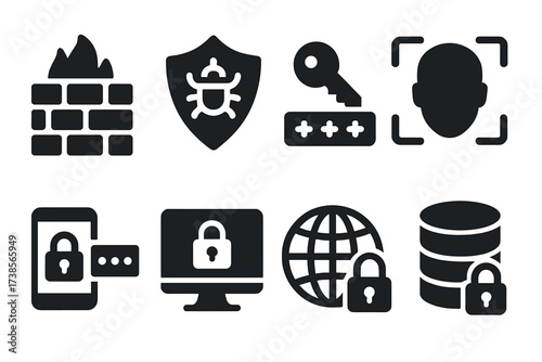 Security Icon Set. Solid, filled icon set of secrecy security: firewall, antivirus shield, password key, biometric scan, two-factor authentication, secure