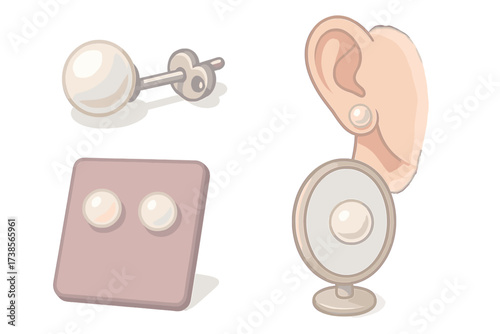Pearl Earring Illustration. Isometric vector illustration set Earring Stud Clasp Pearl: round pearl stud earring with silver post,