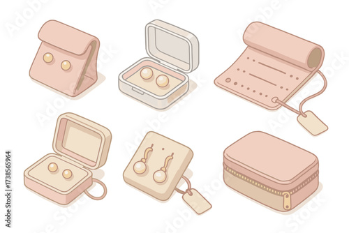 Earring Travel Solutions. Isometric vector illustration set Earring Storage and Travel: stud pair in mini pouch, plastic clasp