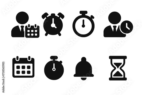 Time Management Icons. Solid, filled icon set of manager time management: schedule, alarm, stopwatch, deadline, calendar, timer, reminder, hourglass. [Line